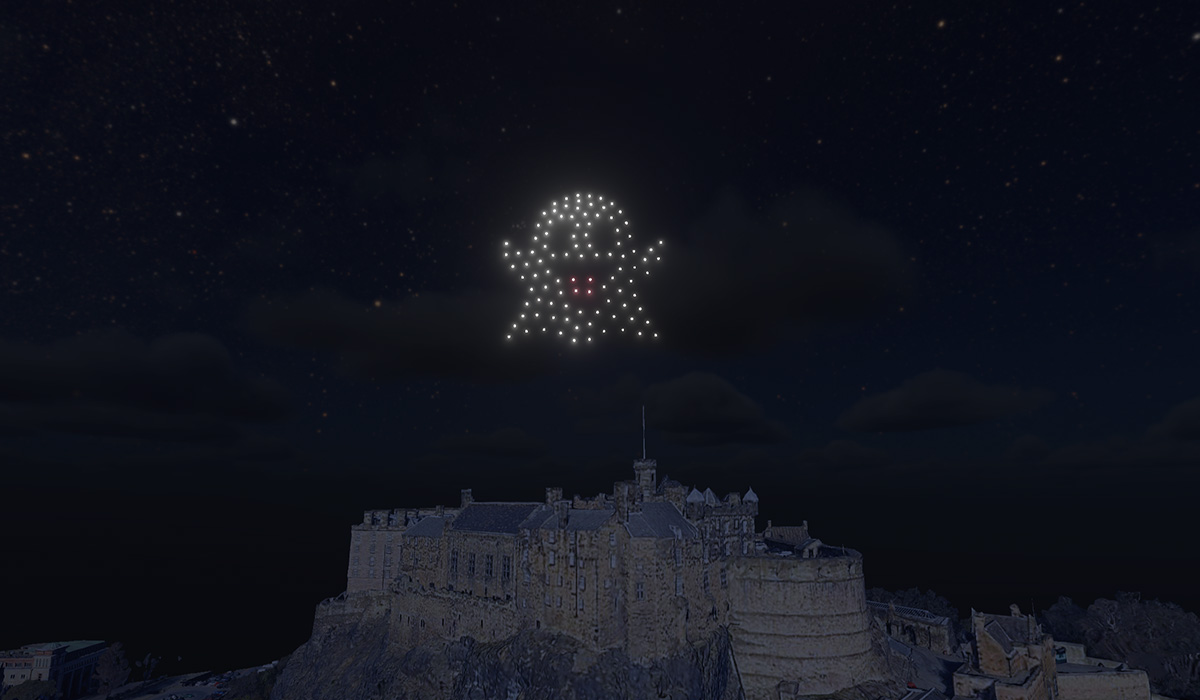 An emoji ghost made from 100 drones